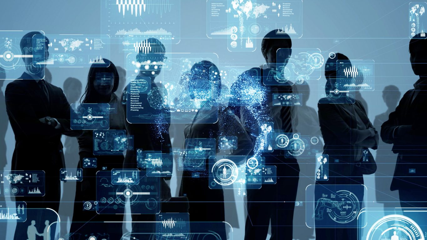 Group of people looking at futuristic dashboard
